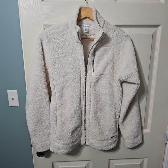 Calvin Klein Ivory/Beige Faux Sherpa Sweatshirt Full Zip Teddy Bear Womens M EUC - Picture 1 of 12